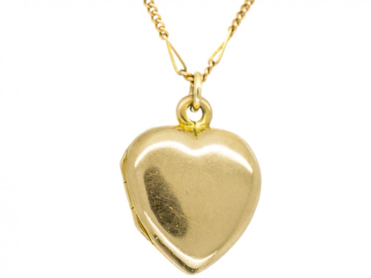 18ct Gold Edwardian Heart Locket set with the Letter M in Diamonds on a Gold Chain