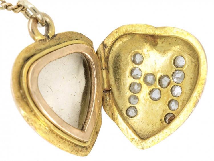 18ct Gold Edwardian Heart Locket set with the Letter M in Diamonds on a Gold Chain
