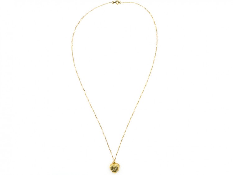 18ct Gold Edwardian Heart Locket set with the Letter M in Diamonds on a Gold Chain