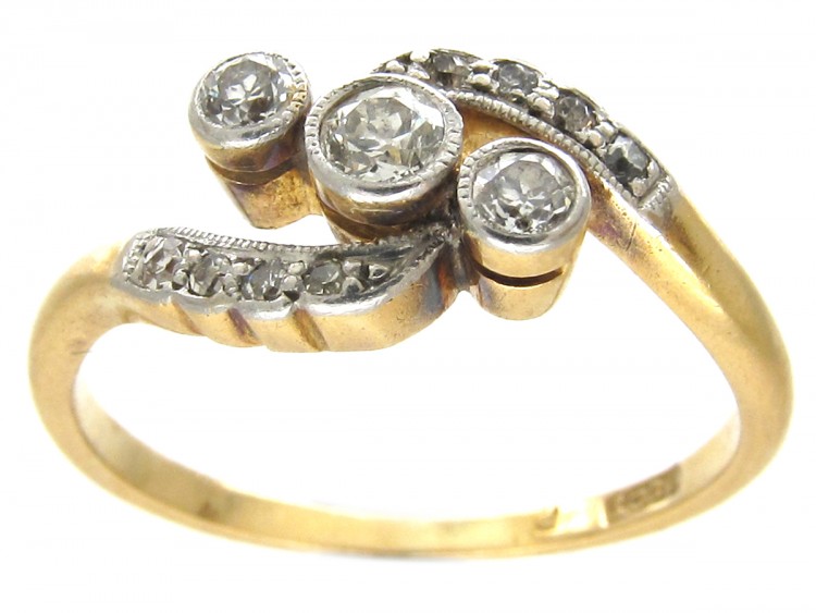 Edwardian 18ct Gold & Platinum Three Stone Diamond Crossover Ring