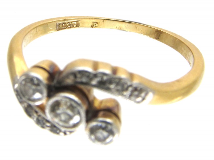 Edwardian 18ct Gold & Platinum Three Stone Diamond Crossover Ring