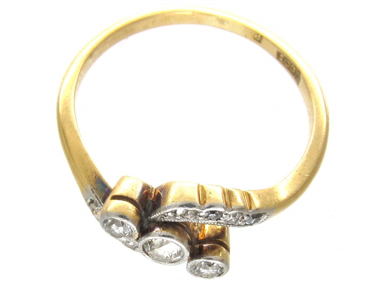 Edwardian 18ct Gold & Platinum Three Stone Diamond Crossover Ring