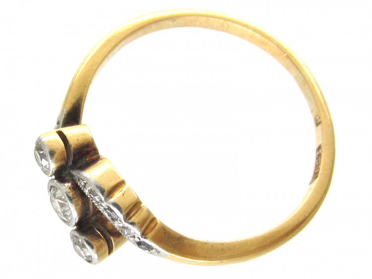 Edwardian 18ct Gold & Platinum Three Stone Diamond Crossover Ring
