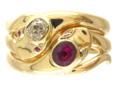 Victorian 18ct Gold Ruby & Diamond Double Snake Ring