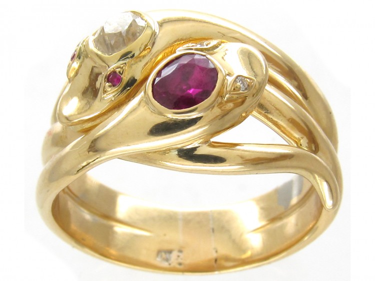 Victorian 18ct Gold Ruby & Diamond Double Snake Ring