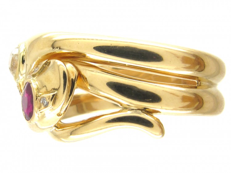 Victorian 18ct Gold Ruby & Diamond Double Snake Ring