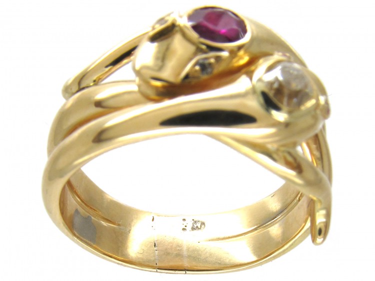 Victorian 18ct Gold Ruby & Diamond Double Snake Ring