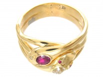 Victorian 18ct Gold Ruby & Diamond Double Snake Ring