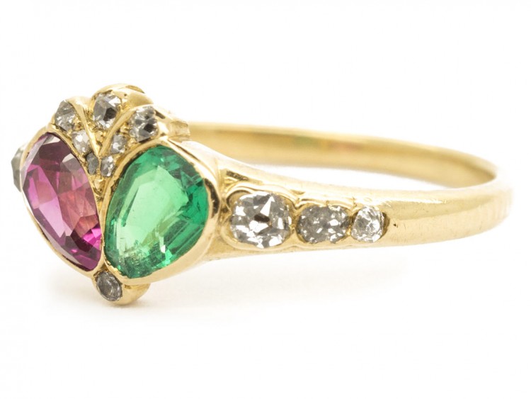 Georgian Emerald, Ruby & Diamond Double Crowned Heart Ring