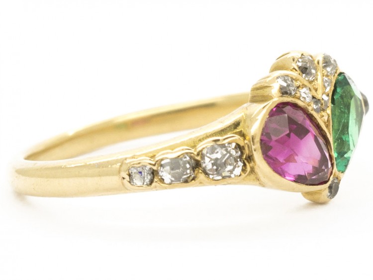 Georgian Emerald, Ruby & Diamond Double Crowned Heart Ring
