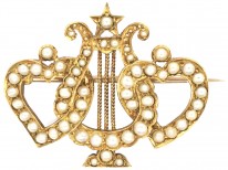 Edwardian 18ct Gold Double Heart & Lyre Split Pearl Brooch