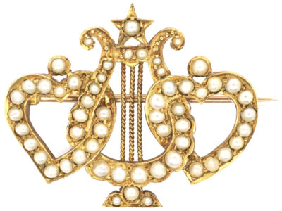 Edwardian 18ct Gold Double Heart & Lyre Split Pearl Brooch