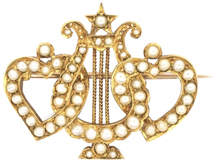 Edwardian 18ct Gold Double Heart & Lyre Split Pearl Brooch