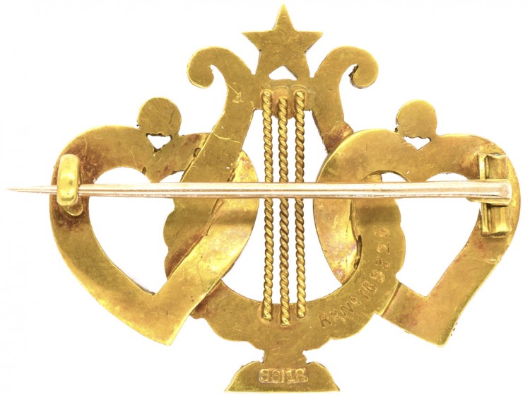 Edwardian 18ct Gold Double Heart & Lyre Split Pearl Brooch
