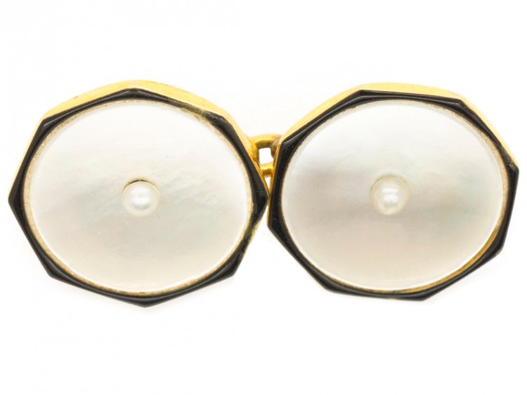 Art Deco 9ct Gold , Black Enamel, Natural Pearl & Mother of Pearl Dress Set in Asprey Case