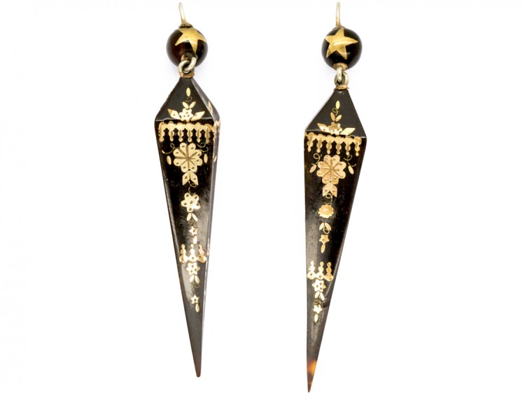 Victorian Tortoiseshell Pique Drop Spear Shaped Earrings