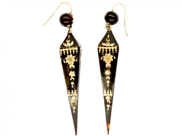 Victorian Tortoiseshell Pique Drop Spear Shaped Earrings