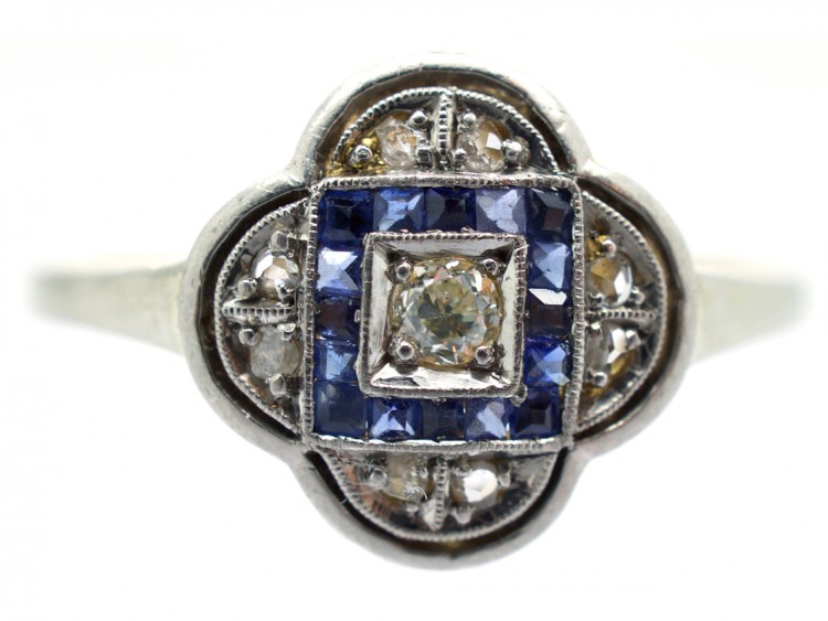 Art Deco Quatrefoil Diamond & Sapphire Ring