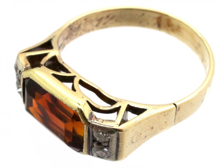 Retro 14ct Gold, Rectangular Madeira Citrine & Diamond Ring