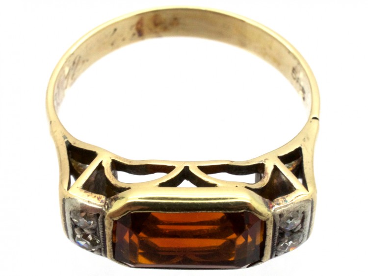 Retro 14ct Gold, Rectangular Madeira Citrine & Diamond Ring