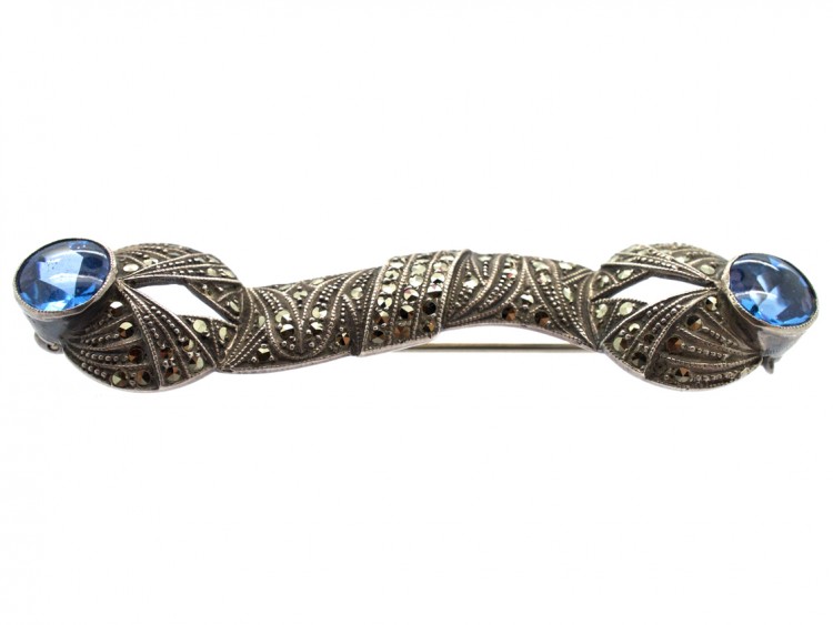 Art Deco Silver, Blue Paste & Marcasite Brooch