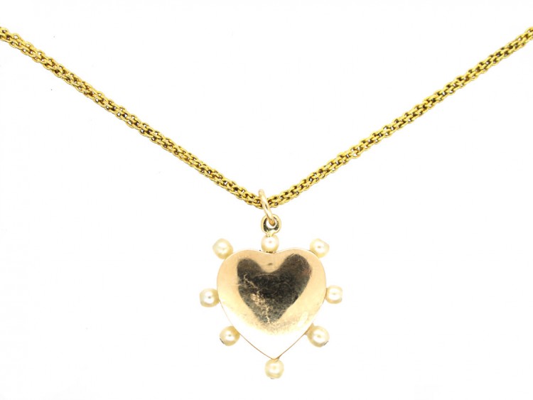 Edwardian Red & White Enamel & Natural Pearl Heart Pendant on 18ct Gold Chain