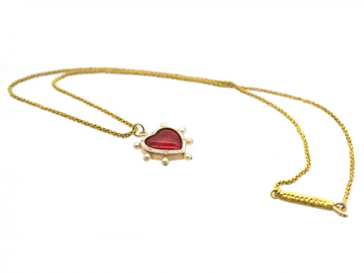 Edwardian Red & White Enamel & Natural Pearl Heart Pendant on 18ct Gold Chain