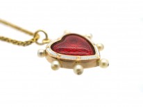 Edwardian Red & White Enamel & Natural Pearl Heart Pendant on 18ct Gold Chain