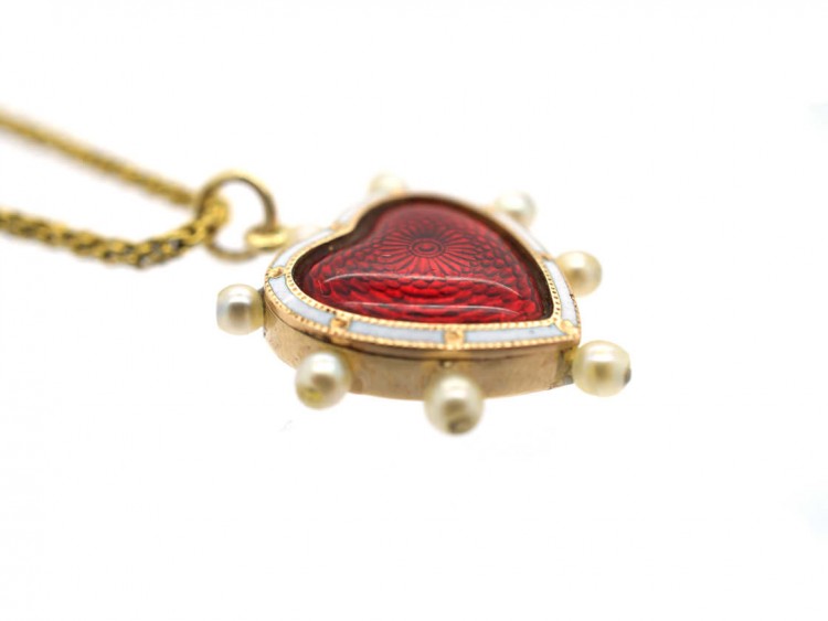 Edwardian Red & White Enamel & Natural Pearl Heart Pendant on 18ct Gold Chain
