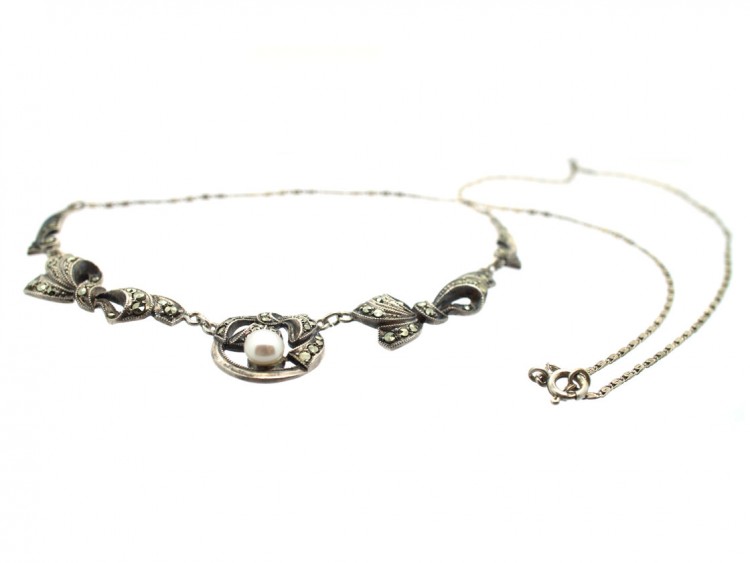 Art Deco Silver , Cultured Pearl & Marcasite Necklace