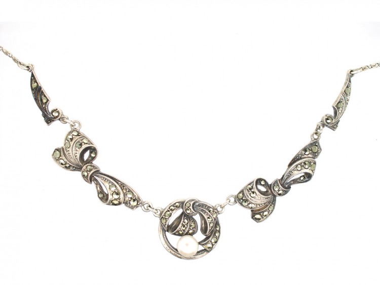Art Deco Silver , Cultured Pearl & Marcasite Necklace
