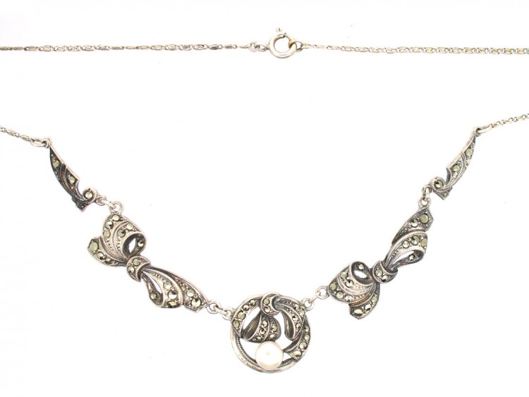 Art Deco Silver , Cultured Pearl & Marcasite Necklace