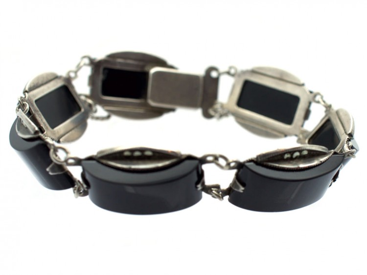 Art Deco Silver Onyx & Marcasite Bracelet