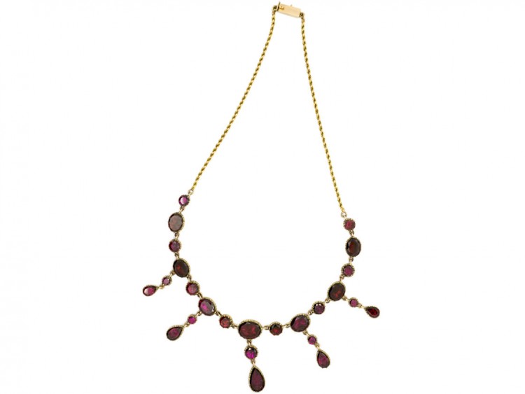 Edwardian Flat Cut Almandine Garnet Necklace in Original Case