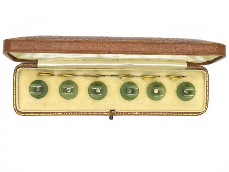 Edwardian Set of Six Nephrite Buttons in Original Case
