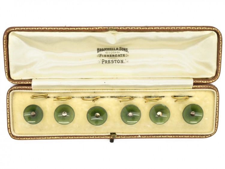 Edwardian Set of Six Nephrite Buttons in Original Case
