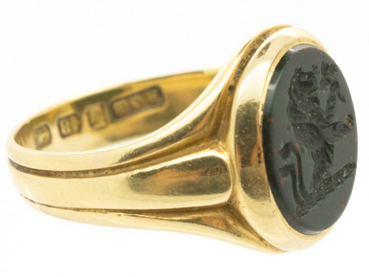 Victorian 18ct Gold & Bloodstone Carved Intaglio of a Lion Signet Ring