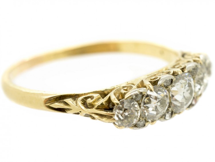 Victorian 18ct Gold Five Stone Diamond Carved Half Hoop Ring