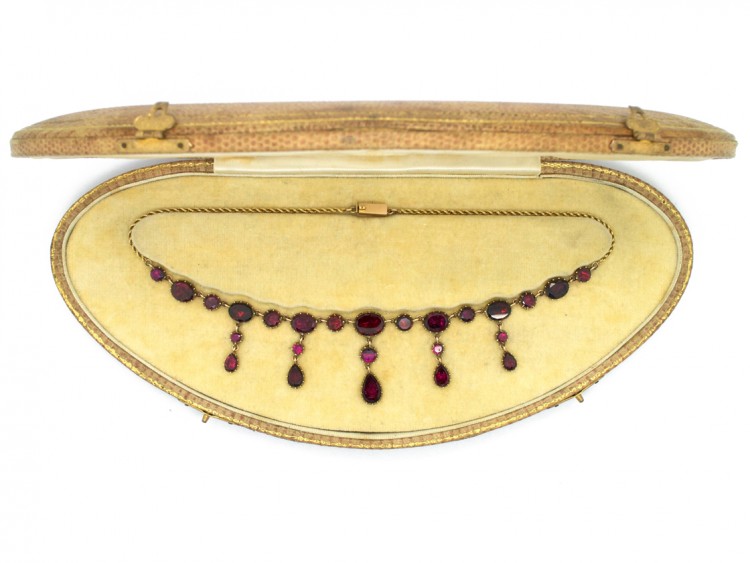 Edwardian Flat Cut Almandine Garnet Necklace in Original Case