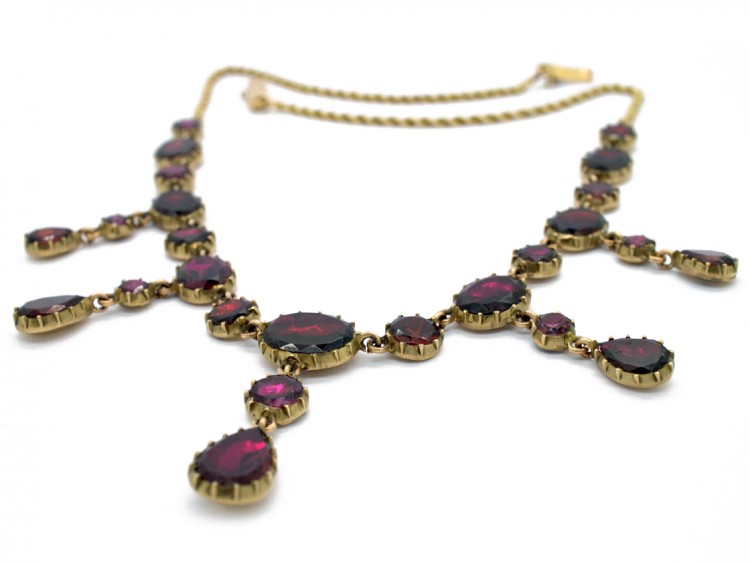 Edwardian Flat Cut Almandine Garnet Necklace in Original Case