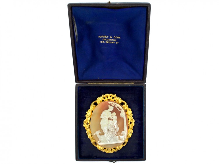 Large Victorian 18ct Gold & Shell Cameo Brooch of Mother & Child in Original Case