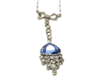 Edwardian Diamond & Ceylon Sapphire Pendant on Platinum Chain in Original Case