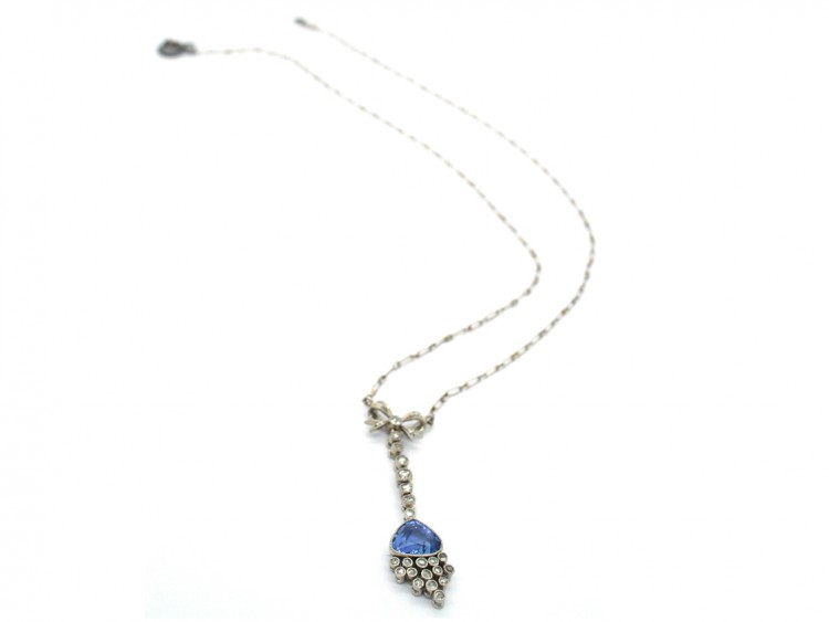Edwardian Diamond & Ceylon Sapphire Pendant on Platinum Chain in Original Case