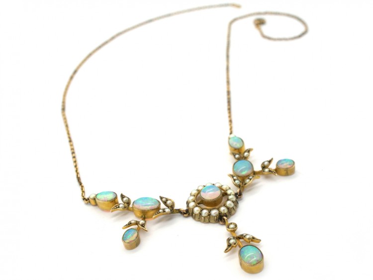 9ct Gold Edwardian Opal & Natural Split Pearl Necklace in Original Case
