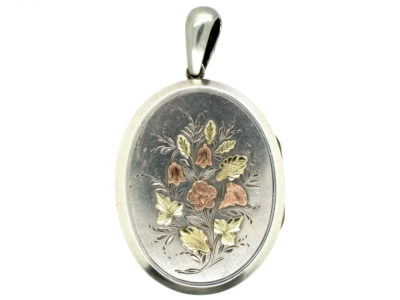 Victorian Silver & Gold Overlay Oval Locket with Flowers Motif