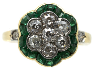 Edwardian 18ct Gold Emerald & Diamond Cluster Ring