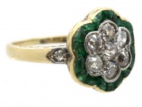 Edwardian 18ct Gold Emerald & Diamond Cluster Ring