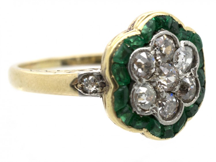 Edwardian 18ct Gold Emerald & Diamond Cluster Ring