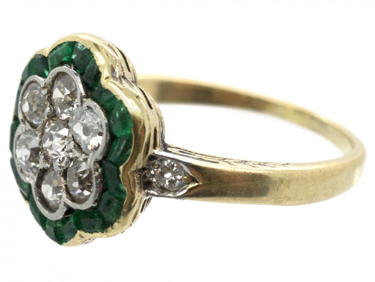 Edwardian 18ct Gold Emerald & Diamond Cluster Ring