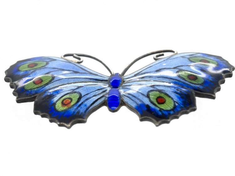 English Silver, Blue & Green Enamel Butterfly Brooch